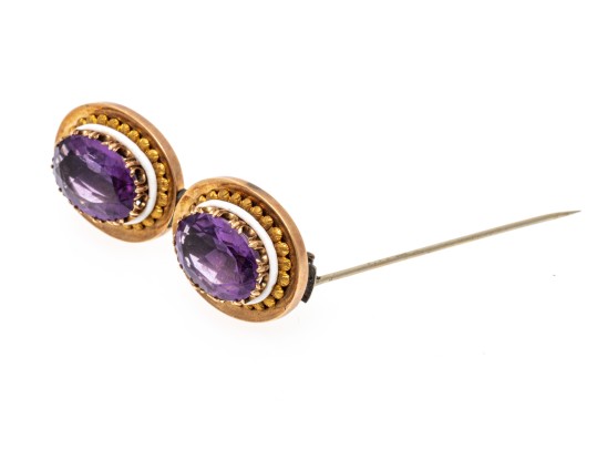 14k Yellow Gold Topped Pretty Antique Double Amethyst And Enamel Brooch