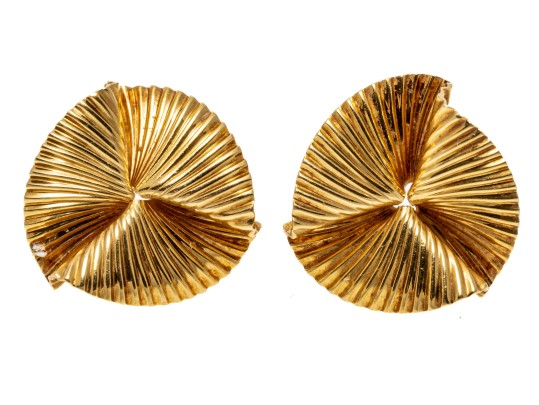 Opposing Pair Of 18K Ribbed Fan Style Earrings