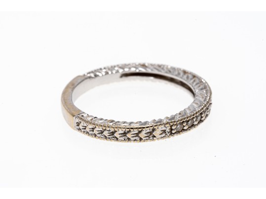 Engraved 18K White Gold And Diamond Set Band Ring, Size 6.75