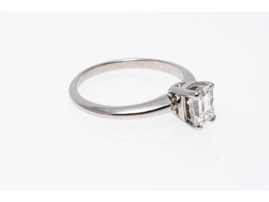Contemporary 14K White Gold Emerald Cut Diamond Ring, Size 5.75