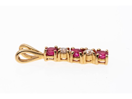 Dainty 14K Ruby And Diamond Drop Bar Pendant