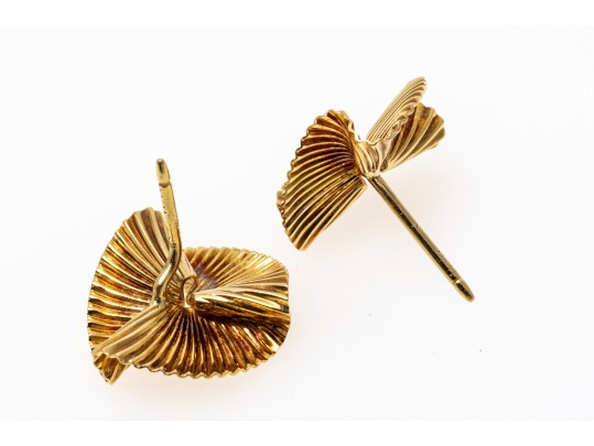 Opposing Pair Of 18K Ribbed Fan Style Earrings