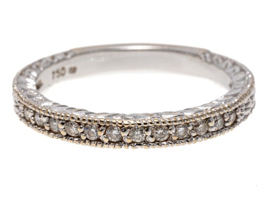 Engraved 18K White Gold And Diamond Set Band Ring, Size 6.75