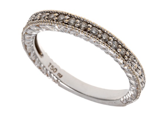 Engraved 18K White Gold And Diamond Set Band Ring, Size 6.75