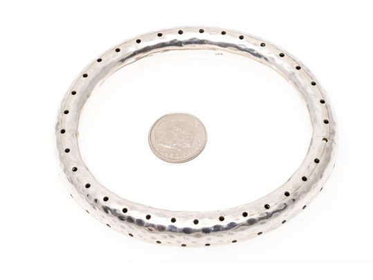 Sterling Silver Impactful Hammered And Perforated Patterned Slip On Bangle Bracelet