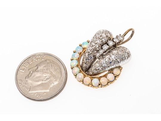 Unique 14K Diamond And Opal Pendant