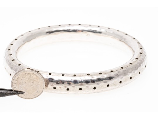 Sterling Silver Impactful Hammered And Perforated Patterned Slip On Bangle Bracelet