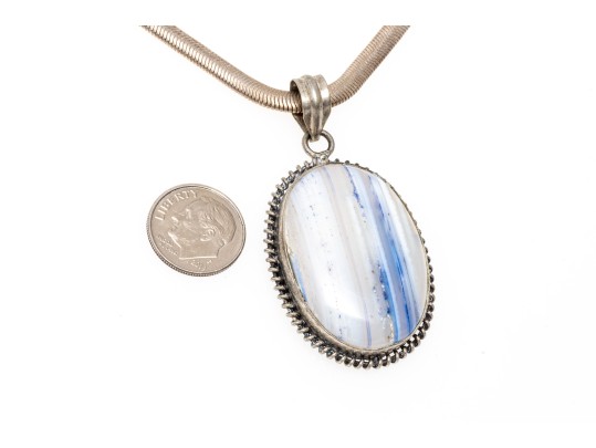 Pale Blue To White Banded Agate Sterling Pendant Necklace