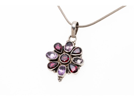 Sterling Amethyst And Garnet Pendant Necklace