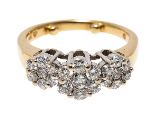 Charming 14K Triple Cluster Brilliant Diamond Ring, Size 5.5