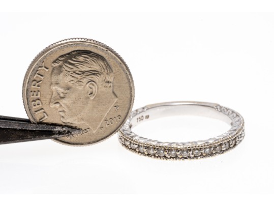 Engraved 18K White Gold And Diamond Set Band Ring, Size 6.75
