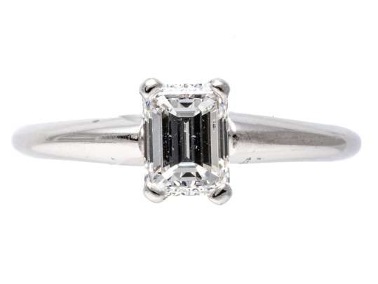 Contemporary 14K White Gold Emerald Cut Diamond Ring, Size 5.75