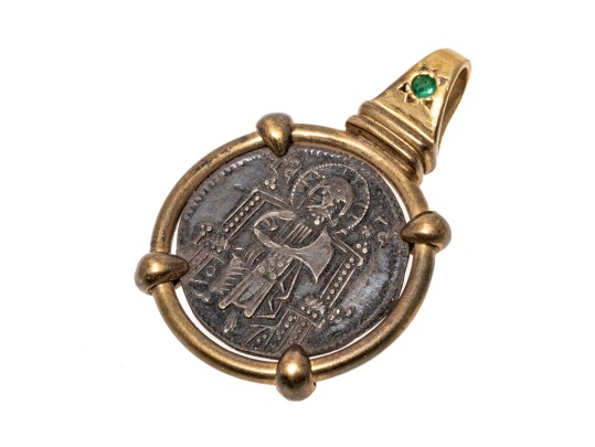 14k Yellow Gold, Emerald And Metal Handsome Coin Motif Pendant