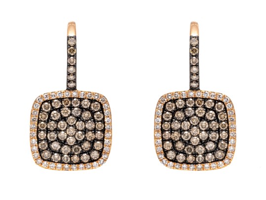 14k Rose Gold Beautiful White And Brown Pave Set Diamond Earrings, Approximately 1.32 TCW
