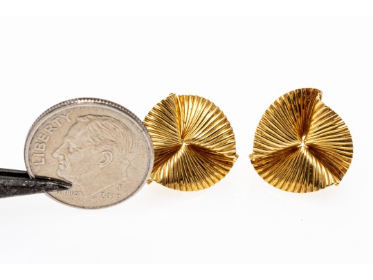 Opposing Pair Of 18K Ribbed Fan Style Earrings