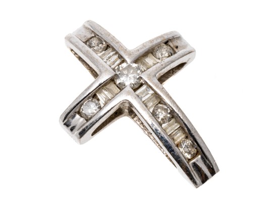 10k White Gold Contemporary Channel Set Diamond And Moissanite Cross