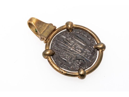 14k Yellow Gold, Emerald And Metal Handsome Coin Motif Pendant