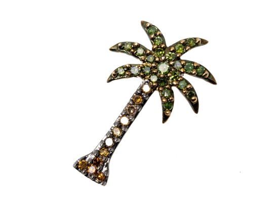 Charming 14K White Gold Green And Brown Diamond Palm Tree Pendant