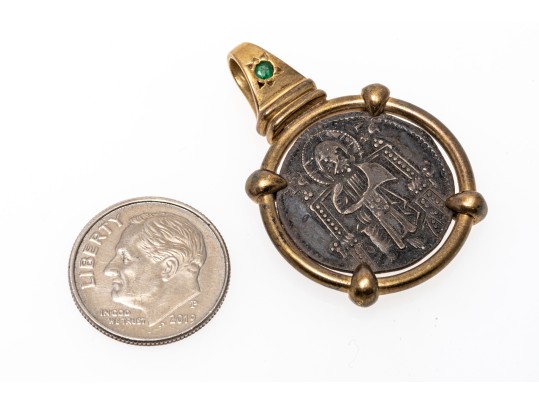 14k Yellow Gold, Emerald And Metal Handsome Coin Motif Pendant
