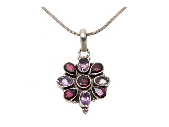 Sterling Amethyst And Garnet Pendant Necklace