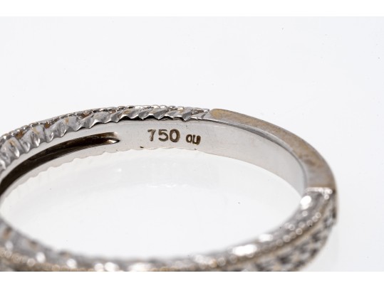 Engraved 18K White Gold And Diamond Set Band Ring, Size 6.75
