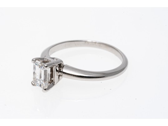 Contemporary 14K White Gold Emerald Cut Diamond Ring, Size 5.75