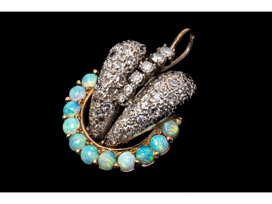 Unique 14K Diamond And Opal Pendant