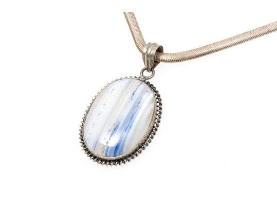 Pale Blue To White Banded Agate Sterling Pendant Necklace