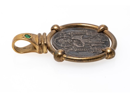 14k Yellow Gold, Emerald And Metal Handsome Coin Motif Pendant