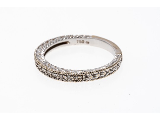 Engraved 18K White Gold And Diamond Set Band Ring, Size 6.75