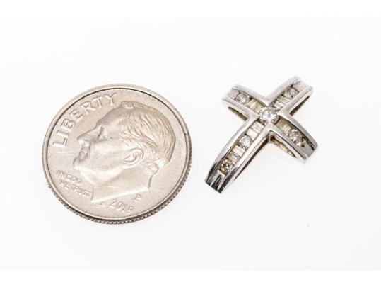 10k White Gold Contemporary Channel Set Diamond And Moissanite Cross