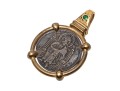 14k Yellow Gold, Emerald And Metal Handsome Coin Motif Pendant