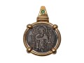 14k Yellow Gold, Emerald And Metal Handsome Coin Motif Pendant