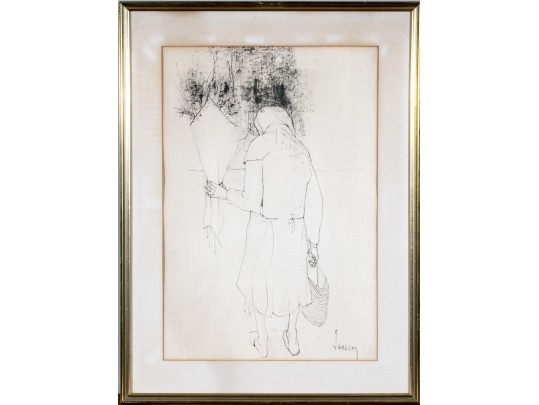 Jean Jansem (French, 1920-2013) Ink On Paper, Woman With Floral Bouquet