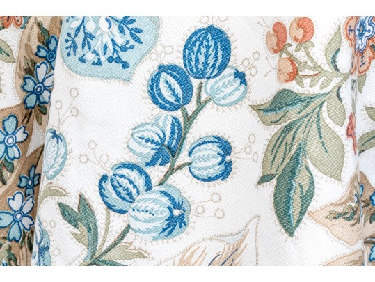 Bennison “Wheat Flower” Pattern Upholstered Skirted Table With Glass Top