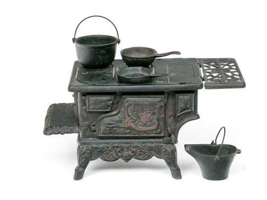 Antique Miniature Cast Iron Stove By Crescent With Accessories