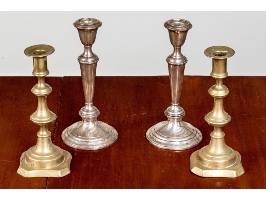 Antique English Brass Candlesticks With Gorham Sterling Weighted Candlesticks
