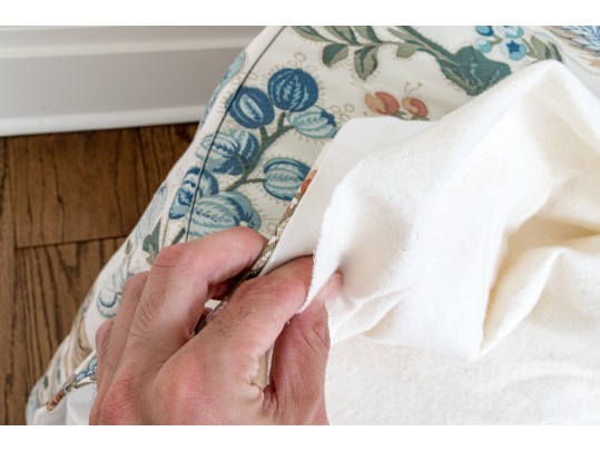 Bennison “Wheat Flower” Pattern Upholstered Skirted Table With Glass Top