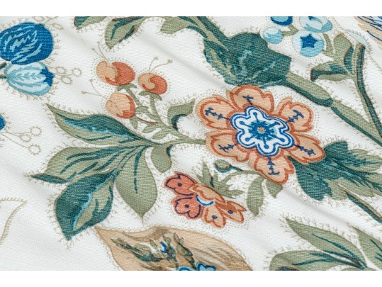 Bennison “Wheat Flower” Pattern Upholstered Skirted Table With Glass Top