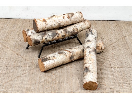 Collection Of An Iron Fire Log Stand With Five Birch Branch Segments