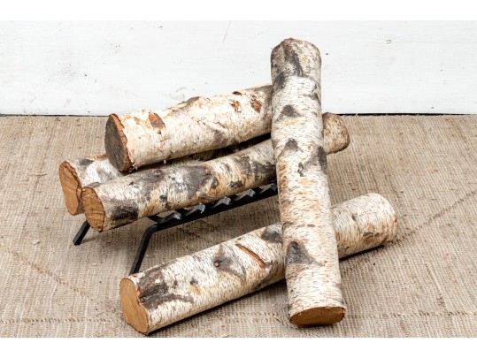 Collection Of An Iron Fire Log Stand With Five Birch Branch Segments