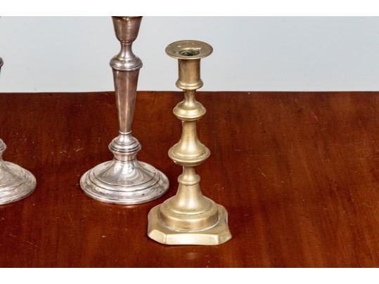 Antique English Brass Candlesticks With Gorham Sterling Weighted Candlesticks
