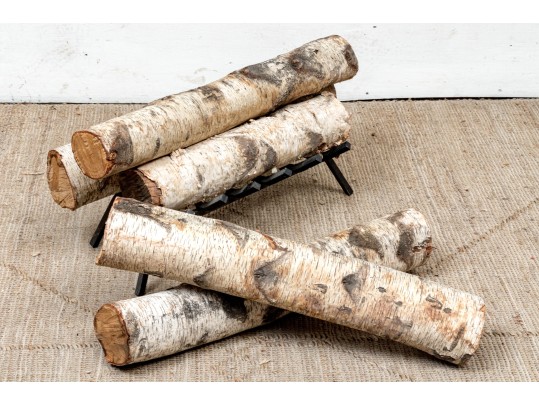 Collection Of An Iron Fire Log Stand With Five Birch Branch Segments