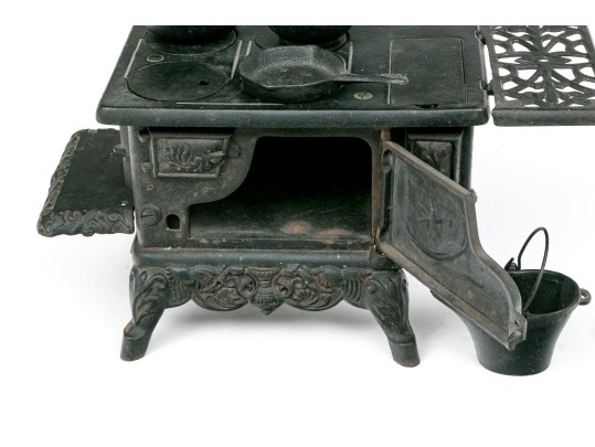 Antique Miniature Cast Iron Stove By Crescent With Accessories