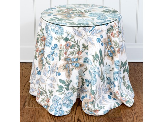 Bennison “Wheat Flower” Pattern Upholstered Skirted Table With Glass Top