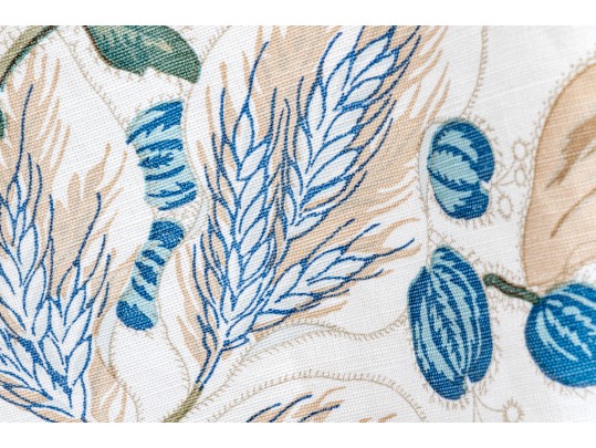 Bennison “Wheat Flower” Pattern Upholstered Skirted Table With Glass Top