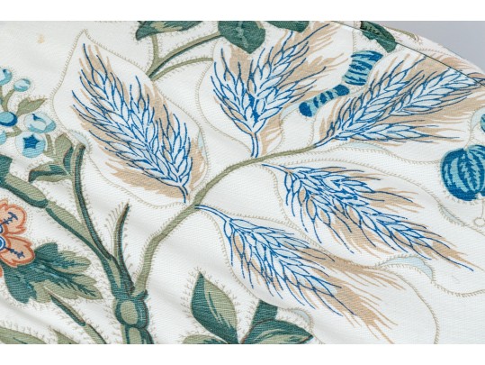 Bennison “Wheat Flower” Pattern Upholstered Skirted Table With Glass Top