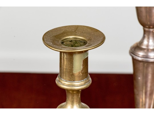 Antique English Brass Candlesticks With Gorham Sterling Weighted Candlesticks