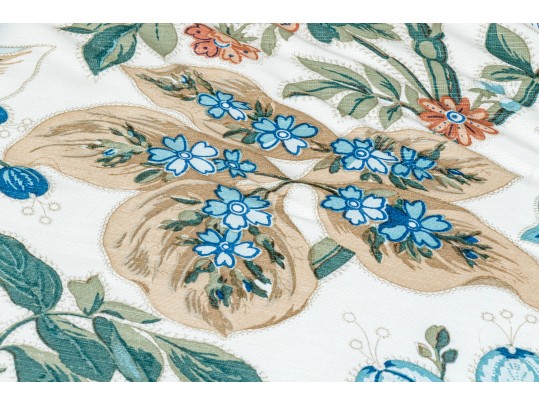 Bennison “Wheat Flower” Pattern Upholstered Skirted Table With Glass Top