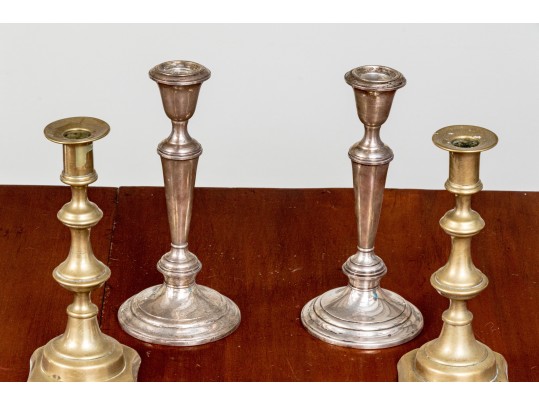 Antique English Brass Candlesticks With Gorham Sterling Weighted Candlesticks